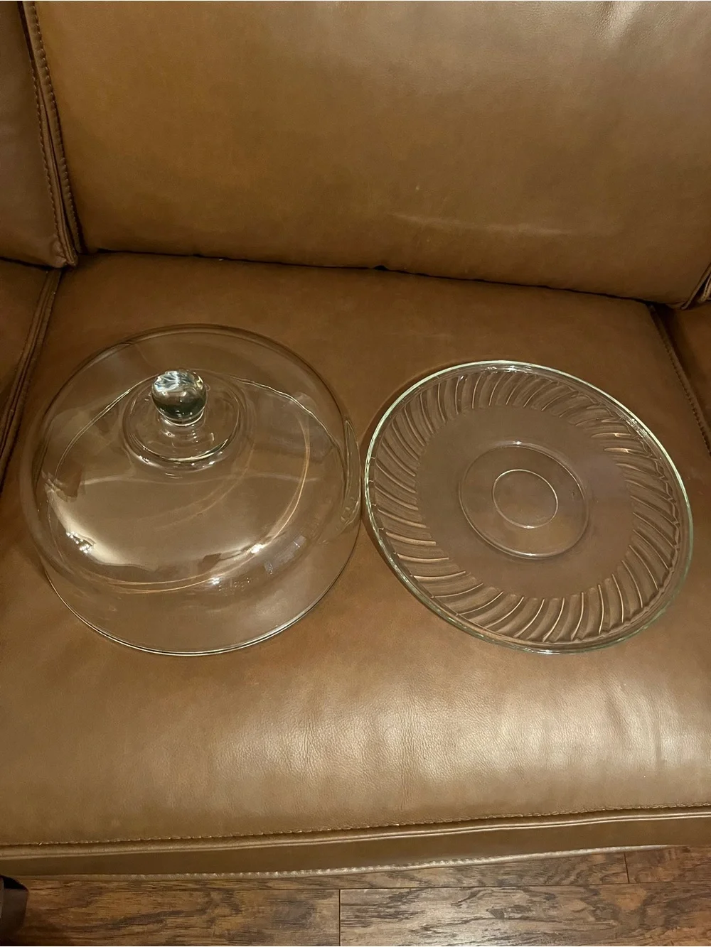 Vtg Glass w/ Swirled Design Cake Plate 11” w/ Clear Glass Dome 4 1/2”